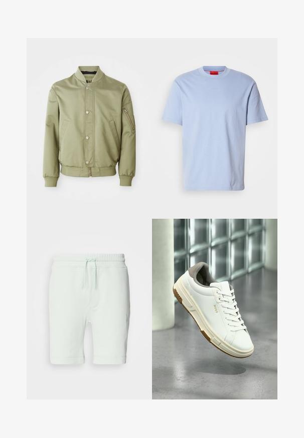Lys grøn bomberjakke med ribbet krave, manchetter og kant, frontknaplukning, sidelommer og en lynlås lomme på venstre ærme.; Lyseblå bomuld t-shirt med rund halsudskæring, korte ærmer og HUGO-logo præget på forsiden. Glat tekstur og afslappet pasform.; Lys mintgrønne bomuldsshorts med elastisk talje, justerbar snøre, sidelommer og logo-detalje på højre ben.; Hvid sneaker med beige accenter, gummisål og snørebånd, mærket "HUGO", placeret over en poleret betongulv nær glasblokke.