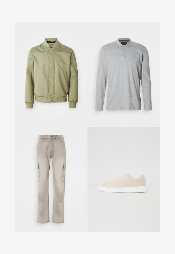 Veste bomber vert clair avec col, poignets et ourlet côtelés, boutons-pression à l'avant, poches latérales et une poche zip sur la manche gauche.; Polo gris à manches longues en tissu doux, équipé d'une fermeture éclair à moitié, d'un col classique et d'un petit logo sur la poitrine.; Pantalons cargo beiges en denim, dotés de deux poches latérales, d'une coupe droite et de coutures visibles. Fini texturé avec un aspect délavé.; Baskets en daim beige avec semelles en caoutchouc blanc, bout rond et six œillets pour les lacets. Texture lisse avec un design minimaliste.