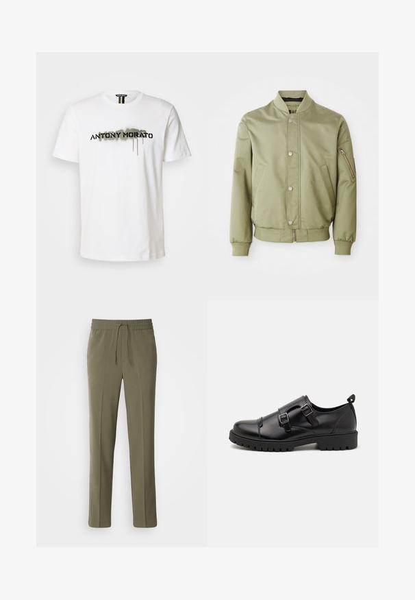 Helle grüne Bomberjacke mit geripptem Kragen, Bündchen und Saum, vorderen Druckknöpfen, Seitentaschen und einer Zip-Tasche am linken Ärmel.; Weißes Baumwoll-T-Shirt mit einem auffälligen schwarzen "ANTONY MORATO"-Logo und grünen Sprühfarbe-Elementen, Rundhalsausschnitt und kurzen Ärmeln.; Olivengrüne, leichte Hose mit elastischem Bund und verstellbarem Kordelzug; gerades Bein Design und glatte Textur.; Pier One by Zalando Business-Slipper - black