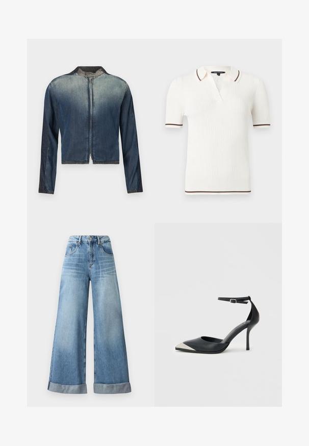 Denimjakke med crop-top design, mørkeblå ombré, lynlås foran og sort krave. Lange ærmer med kontraststof detalje.; Hvid kortærmet ribstrikket poloshirt med brune kanter på krave, manchetter og kant, med en lille V-formet halsåbning.; Lysblå vidbenede jeans i denim med høj talje, der har knaplukning, fem lommer og opfoldede manchetter forneden.; Sort højhælet sko med spids tå, sølvfarvet metallisk tåkappe og ankelrem med spænde på en hvid baggrund.