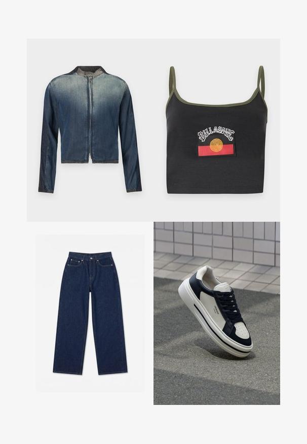 Denimjakke med crop-top design, mørkeblå ombré, lynlås foran og sort krave. Lange ærmer med kontraststof detalje.; Sort kort top med olivengrøn kant og tynde stropper, med et Billabong-mærke med gul spiral og rødt rektangeldesign.; Mørkeblå vidde-mest denimjeans med frontknap, lynlås og fem-lomme design lagt fladt på hvid baggrund.; Hvide og marineblå lædersneakers med perforeret tå, snørebånd og en struktureret gummisål, som har branding på siden.