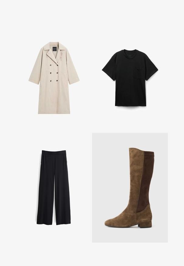 Lichtbeige dubbele rij trenchcoat met brede revers, twee voorzakken, lange mouwen en zwarte knopen aan de voorkant.; Zwart T-shirt met korte mouwen en ronde hals met een borstzakje links, platgelegd op een witte achtergrond.; Zwarte, wijde broek met een soepele textuur en elastische tailleband. Voorzien van zijzakken en een losse pasvorm voor comfort.; Knielaarzen gemaakt van zacht bruin suède met een donkerbruine paneel, voorzien van een afgeronde neus en een lage blokhak voor stabiliteit.