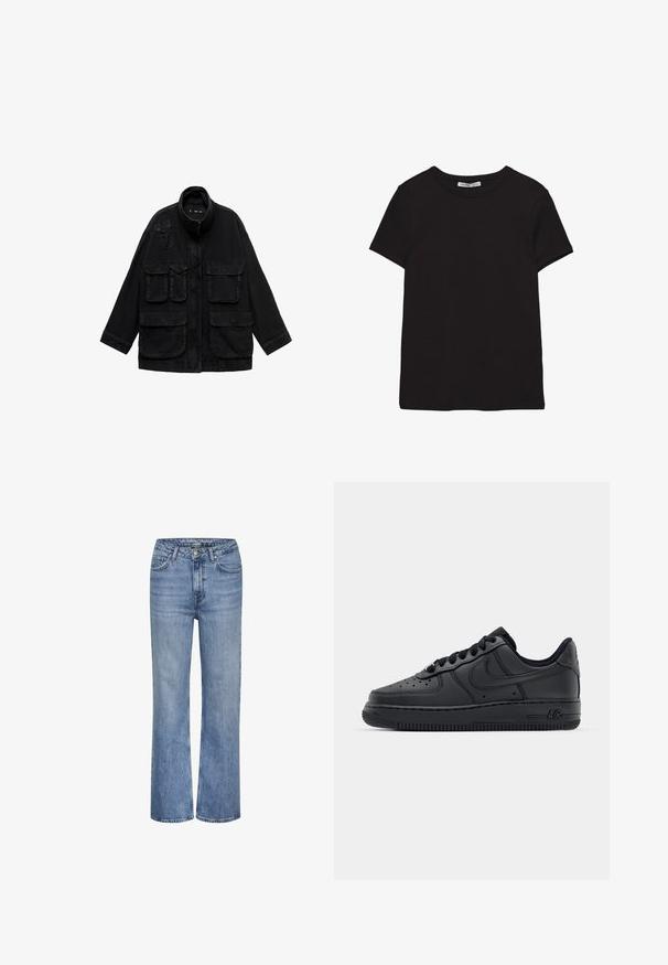 Schwarze Jeansjacke mit hohem Kragen, Frontreißverschluss und mehreren Vorderentaschen mit Klappenverschlüssen. Lockere Passform und minimale Nähdetails.; Schwarzes, kurzärmliges Baumwoll-T-Shirt mit rundem Halsausschnitt, Standardpassform und sichtbarem innerem Nackenetikett.; Blaue hoch taillierte gerade Jeans aus Denim mit vorderem Knopf, Reißverschluss und Fünf-Taschen-Design.; Schwarze Ledersneaker mit durchlöchertem Zehenbereich, flachen Schnürsenkeln und Gummisohle. Verfügt über ein kleines Logo an der Seite und eine strukturierte Oberfläche.