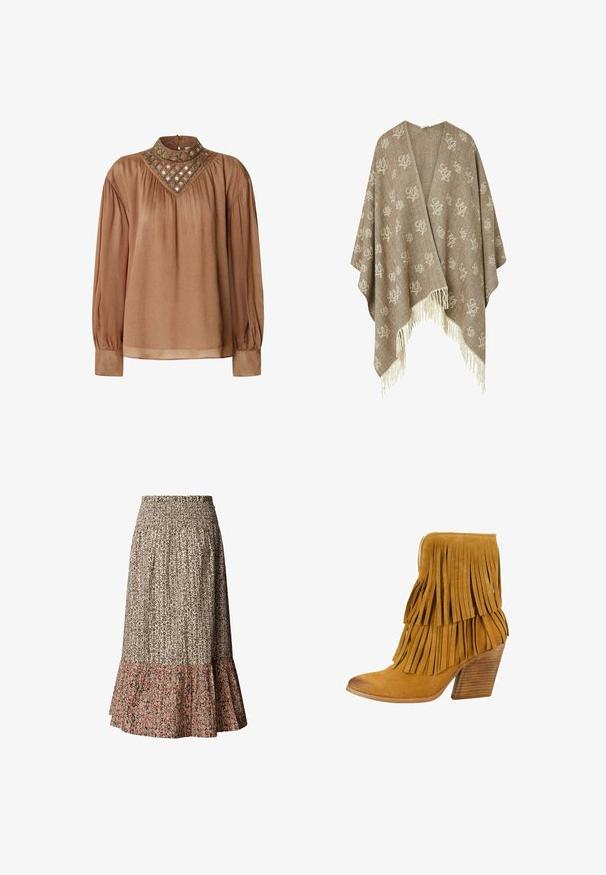 Chal beige y marrón tejido con patrón de espiga, con motivos florales claros dispersos y bordes con flecos.; Blusa marrón de manga larga con cuello alto, que presenta un cuerpo texturizado y un escote adornado con patrones circulares y de diamante.; Falda midi de talle alto con cintura fruncida, parte superior con estampado geométrico beige y marrón, y bajo con volantes estampados de flores rosas.; Felmini Botines - sand
