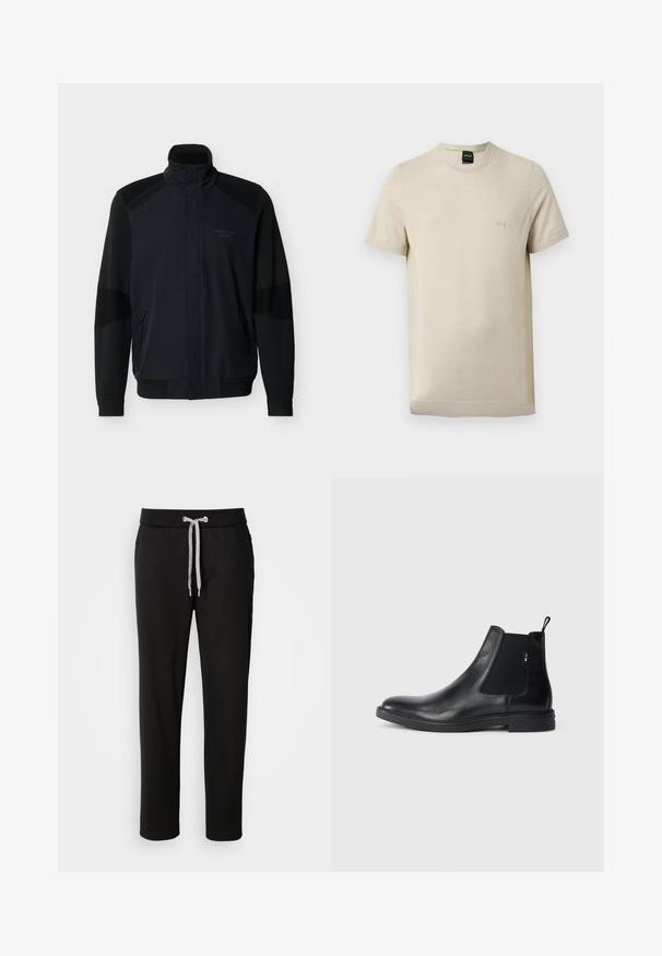 Sort full-zip jakke med opretstående krave, ribbede ærmeafslutninger og kant, lynlåslommer og subtil "Porsche BOSS"-logo på brystet.; Beige T-shirt med korte ærmer og rund hals, med subtil tekstur og lille præget "BOSS"-logo på venstre bryst.; Sorte sweatpants lavet af blødt stof, med elastisk talje med snor og sidelommer. Casual design med lige pasform.; Sorte læder Chelsea støvler med elastiske sidepaneler, en pull-tab og en flad gummisål. Glat tekstur med minimal detaljer.