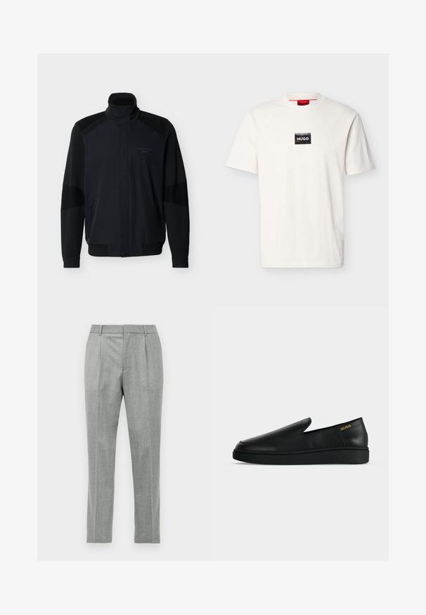 Veste noire à fermeture éclair intégrale avec col montant, poignets et ourlet côtelés, poches zippées, et logo discret "Porsche BOSS" sur la poitrine.; T-shirt blanc à manches courtes avec col rond, doté d'un petit patch rectangulaire noir et du texte blanc "HUGO" sur la poitrine.; Pantalons de costume gris clair avec plis avant, passants de ceinture et coupe droite sur fond blanc.; Chaussure noire en cuir à enfiler avec semelle épaisse et marquage "HUGO" en or près du talon sur un fond uni gris clair.