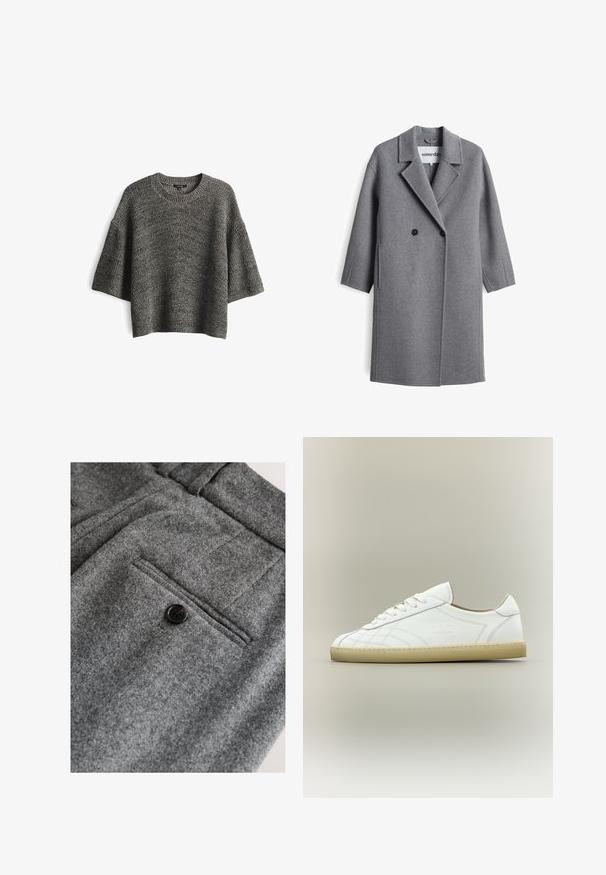 Lange grijze wollen jas met brede revers, twee zwarte knopen en zijzakken, tentoongesteld op een witte achtergrond.; Grijs gebreid sweater met korte mouwen en een ronde halslijn, met een losse pasvorm. Het heeft een gestructureerde stof en ribbelpatronen op de manchetten en de zoom.; Grijze wollen broek met een platte voorkant, een enkele achterzak met een zwarte knoop en een zachte, gestructureerde afwerking.; Witte lage leren sneaker met beige zool, vetersluiting en subtiele gestikte patronen op een neutrale achtergrond.