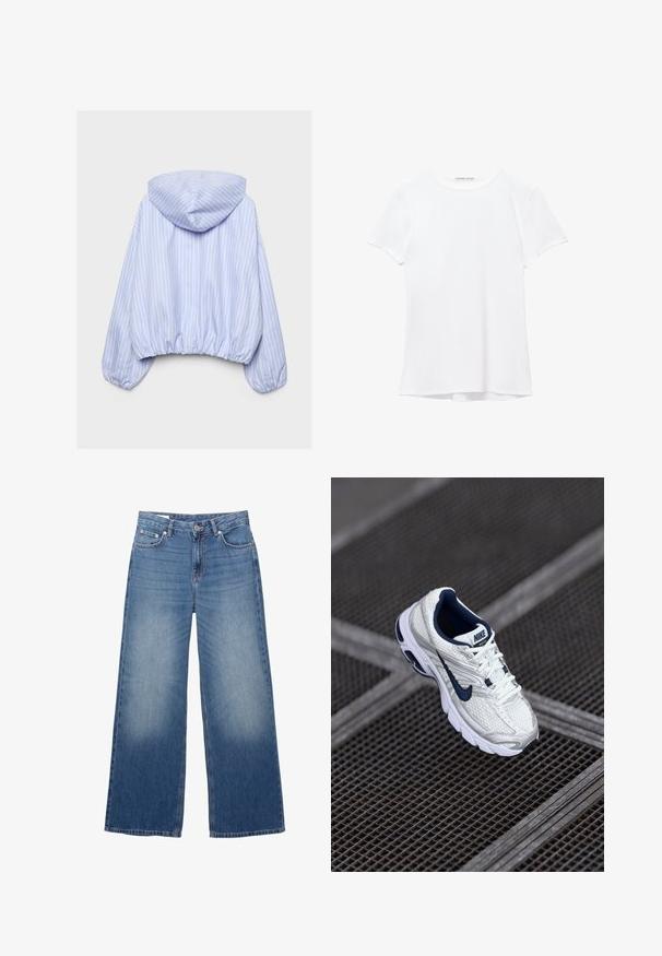 Hellblau-weiß gestreifte, mit Kapuze versehene Jacke mit elastischen Bündchen und Taillenbund, von hinten vor schlichtem Hintergrund gezeigt.; Weißes T-Shirt mit kurzen Ärmeln aus glatter Stoffqualität, mit rundem Ausschnitt und dezenten Nähten am Saum.; Blaue Jeans im Weitbein-Stil aus Denim mit vorderem Knopf und Reißverschluss, ausgestattet mit Front- und Gesäßtaschen sowie leichter Verwaschung an den Oberschenkeln.; Nike-Laufschuh in Weiß und Marineblau, mit Obermaterial aus strukturiertem Mesh, gepolsterter Sohle und unverwechselbarem Logo an der Seite.