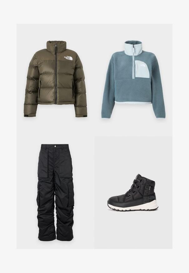 Olivgrüne Steppjacke mit Frontreißverschluss, hohem Kragen, Seitentaschen und The North Face-Logo auf der Brust.; Blauer Fleece-Pullover mit halbem Reißverschluss, hohem Kragen und einer hellblauen Brusttasche mit dem Logo von The North Face.; Schwarze isolierte Cargo-Hosen mit glatter Textur, die mehrere Taschen, einen Reißverschluss am Saum und einen Knopfverschluss an der Taille aufweisen.; Schwarze mid-cut Wanderschuhe mit strukturiertem Finish, verstellbaren Schnürsenkeln und weißer Gummisohle. Mit Branding an der Seite.