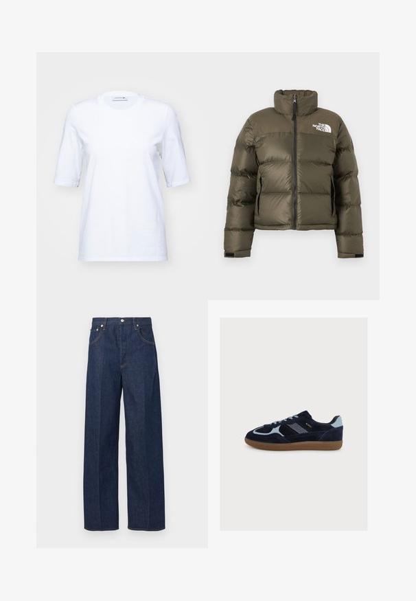 Olijfgroene pufferjas met rits aan de voorkant, hoge kraag, zijzakken en het The North Face-logo op de borst.; Witte katoenen T-shirt met korte mouwen, ronde halslijn en een subtiele geborduurde logo op de borst. Vlotte textuur, klassieke pasvorm.; Donkerblauwe denim jeans met een wijdbeenontwerp, knoopsluiting en vijf zakken met contrasterende oranje stiksels.; Marineblauwe suède sneaker met lichtblauwe accenten, rubberen zool en veters, van opzij gezien tegen een effen witte achtergrond.