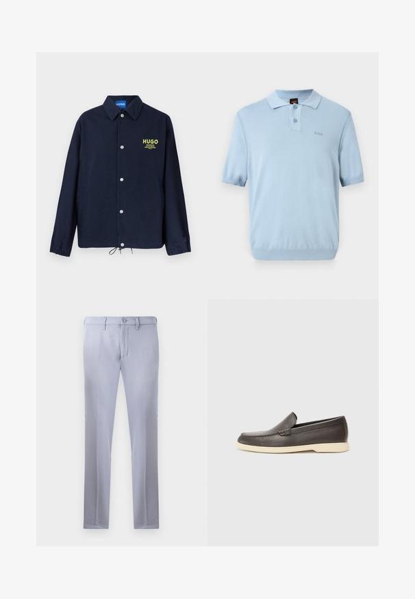 Marineblauwe jas met knoopsluiting, kraag, elastische manchetten, aantrekkoord in de zoom en een gele "HUGO"-logo met tekst op de linkerborst.; Lichtblauw poloshirt met korte mouwen, twee knopen en een klein "BOSS"-logo op de linkerborst.; Lichtgrijze op maat gemaakte broeken van gladde stof, met een knoopsluiting, riemlussen en een rechte pijp. Geen zichtbare zakken.; Bruine leren instapschoenen met een gestructureerd oppervlak en een contrasterende lichtbeige zon, voorzien van een ronde neus en minimale stikseldetails.