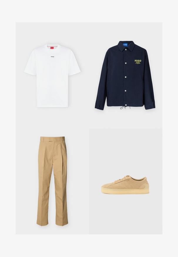 Marineblaue Knopfleiste mit Kragen, elastischen Bündchen, Kordelzug am Saum und gelbem "HUGO"-Logo mit Schriftzug auf der linken Brust.; Weißes T-Shirt mit kurzen Ärmeln und kleinem schwarzem "HUGO" Logo mittig auf der Brust und einem roten Etikett innen im Kragen.; Beige Hosen aus glatter Baumwolle mit hoher Taille, vorne mit Falten und geraden Beinen. Keine sichtbaren Beschläge oder Muster.; Beiger Wildleder-Sneaker mit flacher Silhouette, dicker Kautschuksohle, Schnürverschluss und dezentem seitlichem Branding vor einem schlichten hellgrauen Hintergrund.