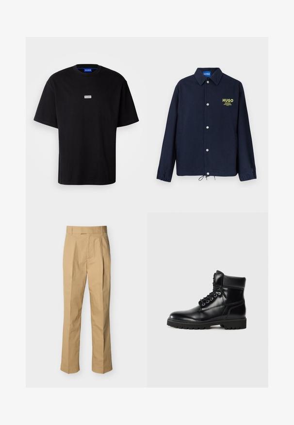 Marineblå skjortejakke med krave, elastiske manchetter, snøre i kanten og gul "HUGO"-logo med tekst på venstre bryst.; Sort bomulds t-shirt med rund hals, korte ærmer og et hvidt rektangulært "HUGO" logo på brystet. Glat overflade, afslappet pasform.; Beige bukser lavet af glat bomuld med høj talje, der har folder foran og lige ben. Ingen synlige metaldele eller mønstre.; Sort læder ankelstøvle med en blank finish, snørelukning, polstret krave og en robust gummisål med skridgreb.