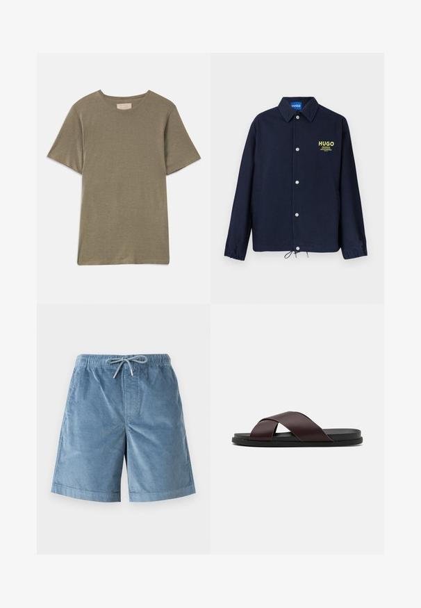 Marineblauwe jas met knoopsluiting, kraag, elastische manchetten, aantrekkoord in de zoom en een gele "HUGO"-logo met tekst op de linkerborst.; Olivengroene T-shirt met korte mouwen en een ronde halslijn, gemaakt van zachte stof. Heeft een rechte zoom en geen zichtbare patronen of accenten.; Blauwe corduroy shorts met elastische tailleband en veter aan de voorkant, knielange pasvorm en subtiele verticale geribbelde textuur.; Bruine sandaal met kruisbanden, voorzien van een matte afwerking, vlakke zwarte zool en een gladde textuur. Minimalistisch ontwerp zonder zichtbare bevestigingsmaterialen.