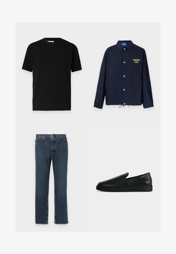 Veste boutonnée bleu marine avec col, poignets élastiques, ourlet à cordon de serrage, et logo "HUGO" jaune avec texte sur le côté gauche de la poitrine.; T-shirt noir à manches courtes en coton avec un col rond et une coupe ample. Texture lisse, sans motifs ni logos visibles.; Jean en denim bleu foncé avec une coupe droite, cinq poches, une fermeture à bouton et des coutures apparentes. Le matériau est texturé avec un design classique.; Chaussure noire en cuir à enfiler avec semelle épaisse et marquage "HUGO" en or près du talon sur un fond uni gris clair.