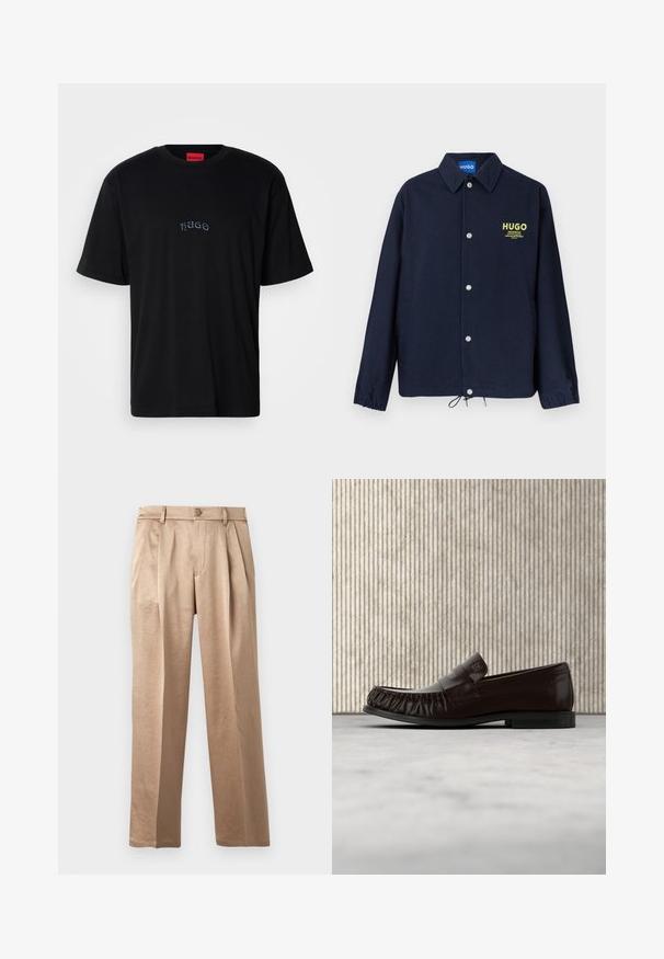 Marineblauwe jas met knoopsluiting, kraag, elastische manchetten, aantrekkoord in de zoom en een gele "HUGO"-logo met tekst op de linkerborst.; Zwarte T-shirt met korte mouwen met "HUGO" geborduurd in kleine, gestileerde letters op de borst en een rood label in de kraag.; Beige relaxed-fit broek met plooien, een knoopsluiting en riemlussen. Gemaakt van lichtgewicht stof, met een gladde textuur en rechte pijpen.; Donkerbruine leren loafer met gestikte details, zwevend boven een beige tapijt, met op de achtergrond een glanzende amberkleurige ronde tafel.