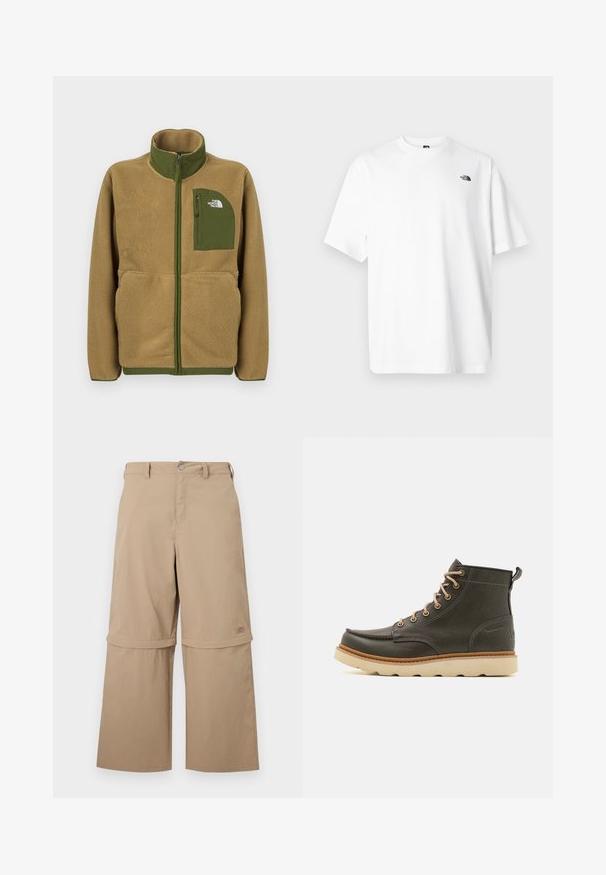 Beige Fleece-Jacke mit Reißverschluss, olivgrüner Paspelierung und einer Brusttasche mit The North Face-Logo.; Weißes Baumwoll-T-Shirt mit kurzen Ärmeln und V-Ausschnitt, mit einem kleinen schwarzen Logo auf der oberen linken Seite. Weiche Textur, lockere Passform.; Beige Cargo-Hose zum Wenden mit abnehmbaren unteren Hosenbeinen, Gürtelschlaufen, Seitentaschen und Knopfverschluss, dargestellt vor weißem Hintergrund.; Dunkelgrüne Lederknöchelstiefel mit beigen Schnürsenkeln, gepolsterter Schuhkragen und strukturiertem Gummisohle. Verfügt über wasserdichte Markierungen und Nähdetails.