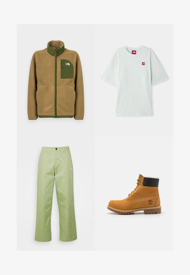 Tanskanvärinen fleece-vetoketjutakki oliivinvihreillä reunoilla ja rintataskulla, jossa on The North Face -logo.; Vihreä lyhythihainen t-paita pehmeästä puuvillasta, jossa on pieni punainen logotagi vasemmassa rintakehässä. Rentoa istuvuutta ja pyöreä kaula-aukko.; Vaaleanvihreät leveät housut, jotka on valmistettu sileästä kankaasta ja joissa on nappisuljenta. Edessä on pieni Nike-logo.; Ruske nahkasaapad ankle-moodi, metallist silmadega, valge karvase voodriga, musta pehmendusega kaeluse ja läbilöökide tald. Kotiriide logo on küljes.