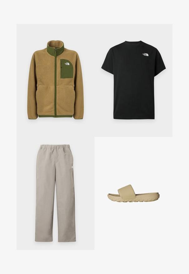 Beige Fleece-Jacke mit Reißverschluss, olivgrüner Paspelierung und einer Brusttasche mit The North Face-Logo.; Schwarzes kurzärmliges T-Shirt aus Baumwolle. Mit einem weißen Logo auf der linken Brust. Einfacher Schnitt mit rundem Ausschnitt und minimalen Designdetails.; Beige gerade geschnittene Hose mit elastischem Bund und kleinem weißem Logo an der rechten Seitennaht.; Beige Rutschsandale mit breitem Riemen, aus Gummi material, verfügt über ein strukturiertes Fußbett und eine profilierte Sohle für besseren Halt.
