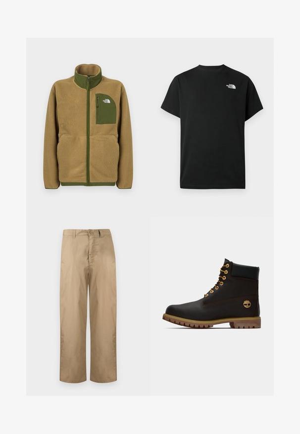 Veste zippée en polaire beige avec bordure vert olive et poche poitrine arborant le logo The North Face.; T-shirt noir à manches courtes en coton. Présente un logo blanc sur le côté gauche de la poitrine. Coupe simple avec un col rond et des détails de design minimalistes.; Pantalons beige à jambes droites avec passants pour ceinture, fermeture par bouton et braguette zippée, présentés sur un fond clair uni.; Bottine noire en cuir avec œillets dorés, accents marron et semelle en caoutchouc. Comprend un col rembourré et un logo estampé sur le côté.