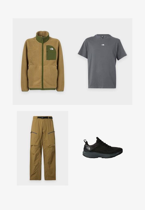 Chaqueta con cremallera de forro polar color beige con ribete verde oliva y bolsillo en el pecho con el logo de The North Face.; Camiseta gris de manga corta y cuello redondo con un pequeño logo blanco de The North Face centrado en el pecho.; Pantalones de exterior color caqui con cinturón negro ajustable, dos bolsillos en el muslo con cremallera y costuras en las rodillas, mostrados sobre un fondo liso.; Zapatilla deportiva negra con parte superior texturizada, detalles de malla, suela acolchada y marca en el talón. Diseñada para el rendimiento y la durabilidad.