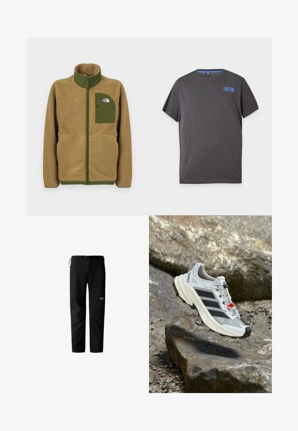 Beige Fleece-Jacke mit Reißverschluss, olivgrüner Paspelierung und einer Brusttasche mit The North Face-Logo.; Dunkelgraues T-Shirt mit kurzen Ärmeln und Rundhalsausschnitt mit kleinem blauem The North Face-Logo auf der oberen linken Brust vor weißem Hintergrund.; Schwarze Outdoor-Hosen mit schlankem Design, gefertigt aus einem strapazierfähigen, leichten Stoff. Mit Gürtel, Seitentaschen und einem Logo am Oberschenkel.; Weißer und schwarzer Adidas Terrex Trailrunning-Schuh mit Gore-Tex, schwebend über felsigem Gelände.