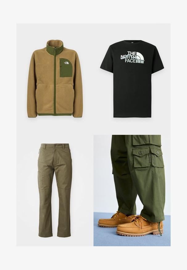 Tan fleece lynlåstrøje med olivengrøn kant og brystlomme med The North Face-logo.; Sort T-shirt lavet af bomuld med et trykt logodesign i hvid og grå, korte ærmer og rund hals.; Khaki cargo bukser lavet af slidstærkt bomuldsstof, med sidelommer, lige ben og lynlåsåbning med knaplukning.; Timberland AUTHENTIC 3 EYE - Sejlersko - wheat