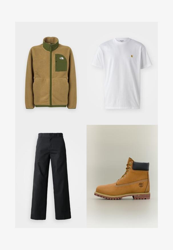 Hnedá fleecová bunda na zips so strihom s olivovozeleným lemom a náprsným vreckom s logom The North Face.; Biele bavlnené tričko s krátkymi rukávmi, okrúhlym výstrihom, s malým zlatým logom na ľavej strane hrude. Mäkká textúra a normálny strih.; Čierne nohavice s širokými nohavicami z bavlny. Majú zapínanie na gombík, pútka na opasok a bočné vrecká. Hladká textúra s talianskym strihom.; Hnedá kožená členková členková obuv s čiernym golierom, žltými šnúrkami a béžovou podrážkou. Má logo a biele prešívanie. Hrubá podrážka s dobrým záberom.