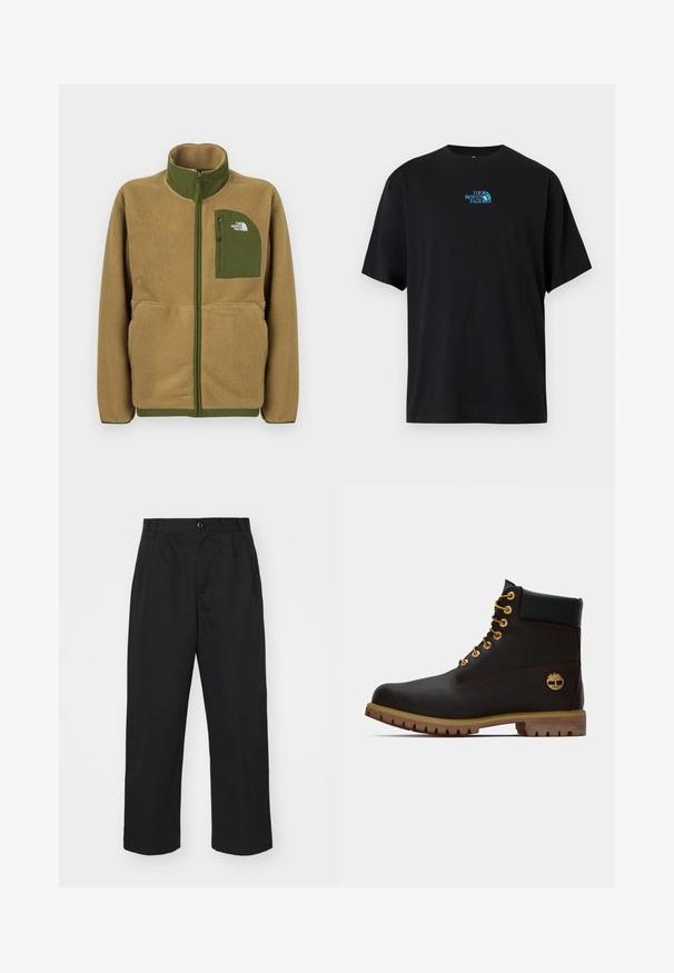 Tan fleece zip-up jacket with olive green trim and chest pocket featuring The North Face logo.; Black cotton t-shirt featuring a round neckline and short sleeves, with a turquoise logo of "The North Face" on the chest.; Black cotton trousers with a straight fit, featuring a button closure, two front pockets, and a smooth texture.; Black leather ankle boot with gold eyelets, brown accents, and a rubber sole. Features a padded collar and embossed logo on the side.