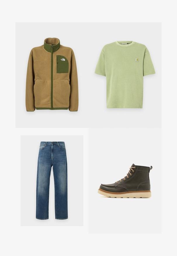 Beige fleece vest met ritssluiting, olijfgroene bies en borstzak met het logo van The North Face.; Lichtgroen T-shirt met korte mouwen, een geribbelde textuur en een logopatch op de borst. Losvallende pasvorm en een ronde hals.; Blauwe jeans met rechte pijpen, met vervaagde plekken op de dijen, vijfzakkenmodel en een sluiting met knoop en rits.; Donkergroene leren enkelboots met beige veters, gewatteerde kraag en gestructureerde rubberen zool. Heeft waterdichte markeringen en stikdetails.