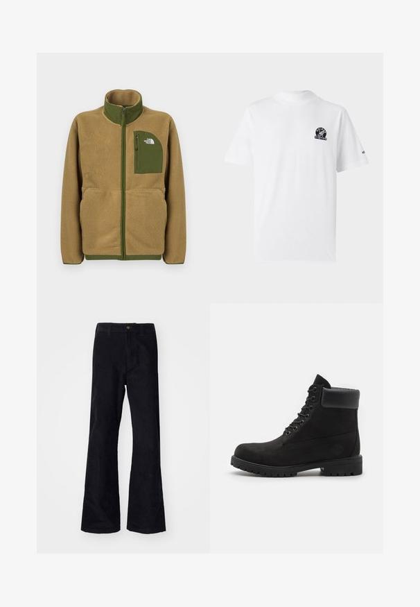 Tan fleece lynlåstrøje med olivengrøn kant og brystlomme med The North Face-logo.; Hvid bomulds T-shirt med korte ærmer. Har et sort logo på venstre bryst og et lille logo på højre ærme. Klassisk pasform.; Sorte, bomuldsforlængede bukser med en traditionel linning, enkelt forreste knap og lommer på siderne og bagpå. Glat tekstur.; Sorte snørebåndsstøvler til anklen med polstret krave og robust sål, vist i profil mod en hvid baggrund.