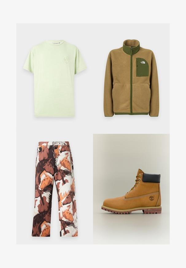 Veste zippée en polaire beige avec bordure vert olive et poche poitrine arborant le logo The North Face.; T-shirt en coton vert clair avec une coupe décontractée, des manches courtes et un petit motif brodé sur la poitrine gauche.; Pantalon avec un motif répété de têtes de cheval dans des teintes de marron, blanc et orange, fabriqué à partir d'un tissu lisse avec une coupe droite.; Bottine en cuir marron avec col noir, lacets jaunes et semelle beige. Présente un logo et des détails de couture blanche. Semelle extérieure à traction robuste.