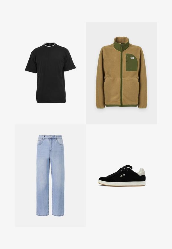 Tan fleece lynlåstrøje med olivengrøn kant og brystlomme med The North Face-logo.; Sort t-shirt med korte ærmer og rund hals, med hvid kant på krave og ærmekanter, vist mod en hvid baggrund.; Lyseblå denimjeans med et afslappet, bredbenet design. Funktioner inkluderer fem lommer, en frontknaplukning og diskret falmning.; Fila Sneakers - black/turtledove