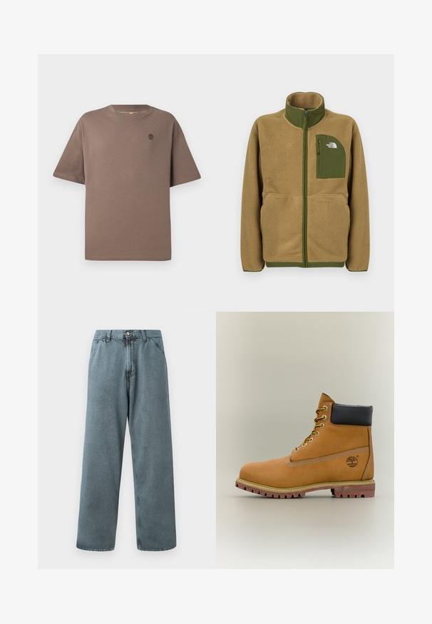 Beige Fleece-Jacke mit Reißverschluss, olivgrüner Paspelierung und einer Brusttasche mit The North Face-Logo.; Braunfarbener Baumwoll-T-Shirt mit Rundhalsausschnitt und kurzen Ärmeln, ausgestattet mit einem kleinen Logo auf der Brust, glatter Textur und lässiger Passform.; Hellblaue Denim-Hosen mit geradem Bein, ausgestattet mit einem klassischen Knopfverschluss und einem Fünf-Taschen-Design. Weiche Textur und minimale Nähdetails.; Brauner Leder-Stiefelette mit schwarzem Kragen, gelben Schnürsenkeln und hellbrauner Sohle. Verfügt über ein Logo und weiße Ziernähe. Robuste Profilsohle.