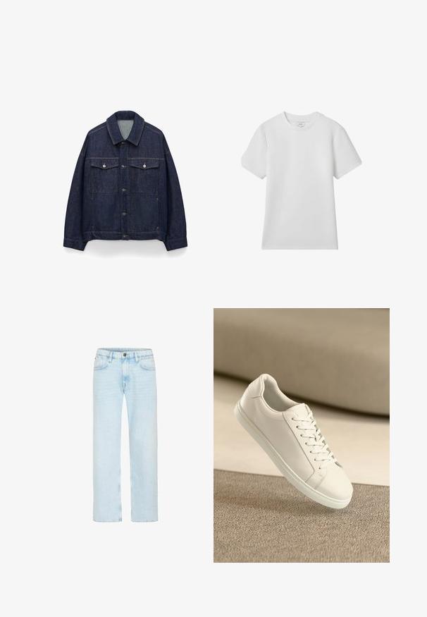 Donkerblauwe spijkerjasje met knoopsluiting, twee borstzakken met knoop, lange mouwen en een klassieke kraag.; Witte T-shirt met korte mouwen van katoen, met een ronde halslijn en een loose fit, zonder zichtbare patronen of accentueringen.; Lichtblauwe jeans met rechte pijpen, knoop en rits aan de voorkant, riemlussen en voorzakken op een witte achtergrond.; Witte leren sneaker met witte veters, weergegeven op een beige textuurovervlak en een zacht vervaagd achtergrond.