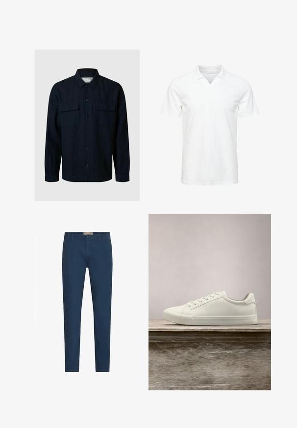 Camisa de botones azul marino oscuro con cuello, dos bolsillos en el pecho y mangas largas. Fabricada con una tela texturizada, cuenta con botones negros en el frente.; Camiseta polo blanca de manga corta con un diseño de cuello en V, hecha de tejido suave; presenta un logo sutil en el pecho. Textura suave, ajuste casual.; Pantalones de hombre con corte ajustado en azul marino, con pasadores para cinturón, cierre frontal de botón y bolsillos laterales, presentados sobre un fondo blanco.; Zapatilla blanca con cordones flotando sobre un banco de madera con follaje verde al fondo, mostrando el diseño y la textura del zapato.