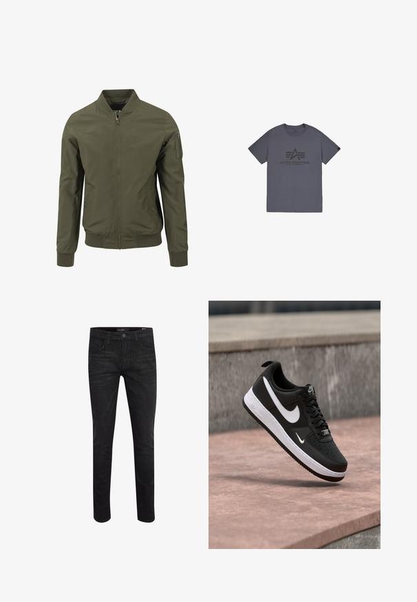Chaqueta bomber verde oliva con cremallera frontal, cuello, puños y cinturilla acanalados, y un bolsillo con cremallera en la manga izquierda.; Camiseta de algodón gris con cuello redondo, que presenta un diseño de logo impreso en negro en la parte frontal. Mangas cortas y corte regular.; Jeans de mezclilla negra con un ajuste ceñido, que presentan cinco bolsillos, un botón frontal y una textura suave. Adecuados para uso informal.; Zapatilla Nike Air Force 1 en blanco y negro suspendida sobre una superficie de concreto rosa con un fondo de piedra gris.