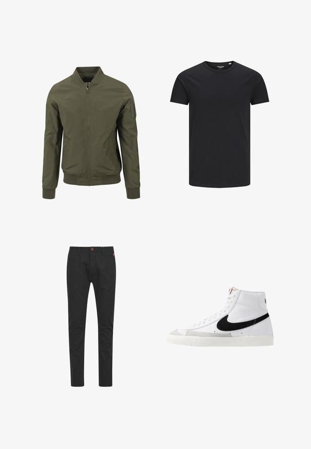 Olivengrøn bomberjakke med frontlynlås, ribbet krave, manchetter, linning og lynlåslomme på venstre ærme.; Sort bomulds T-shirt med rund hals, korte ærmer og et enkelt design. Glat tekstur, ingen mønstre eller synligt tilbehør.; Sorte chinos med slim fit, lavet af bomuld, med en brun knaplukning, fire lommer og klassiske syning detaljer.; Hvide høje sneakers med et sort swoosh, struktureret grå tåhætte og flad hvid sål. Har seks snørrehuller og syede detaljer.
