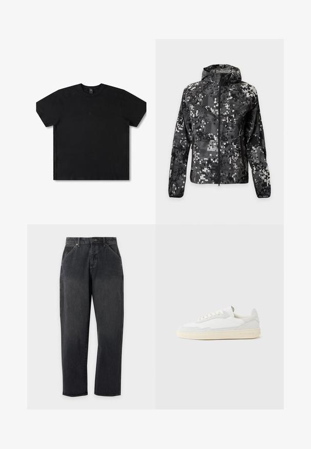 Zwarte, grijze en witte digitale camo-gepatroonde capuchonjas met voorrits en lange mouwen, afgebeeld tegen een witte achtergrond.; Zwarte T-shirt met korte mouwen, gemaakt van katoen, met een ronde hals, voorzien van een subtiele logo in het midden en een relaxte pasvorm.; Zwarte rechtlopende spijkerbroek met voorzakken, riemlussen, knoop en ritssluiting, afgebeeld op een effen lichtgrijze achtergrond.; Witte sneaker met een bovenwerk van gestructureerd suède en leer. Voorzien van een afgeronde neus, vetersluiting en een contrasterende beige rubberen zool.