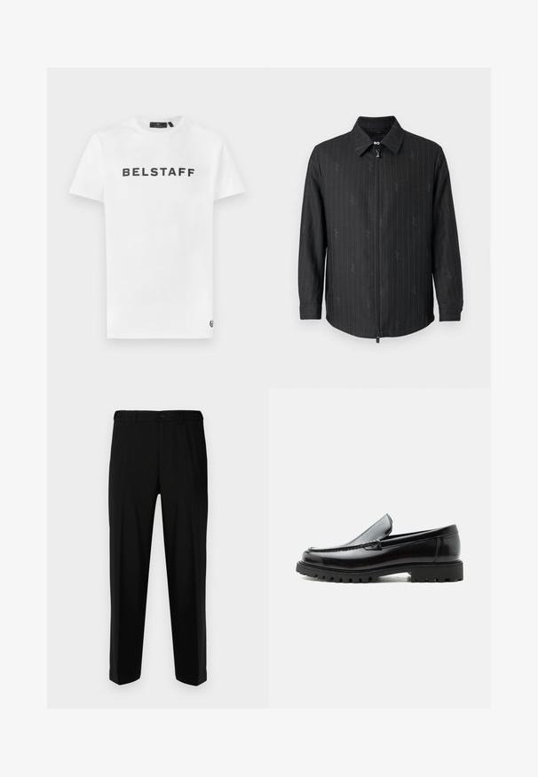 Sort zip-jakke med krave, der har subtile striber og et struktureret stof. Lange ærmer med knapmanchetter og en lynlåslukning foran.; Hvid bomulds t-shirt med et sort "BELSTAFF" logo på forsiden. Klassisk crew neck og korte ærmer med en lille logodetalje på kanten.; Sorte bukser lavet af glat stof, med lige snit, to forlommer og lynlås med knaplukning.; Sort læderloafer med chunky gummisål, syet overdel og præget mærkenavn på hælen, vist i sideprofil på hvid baggrund.