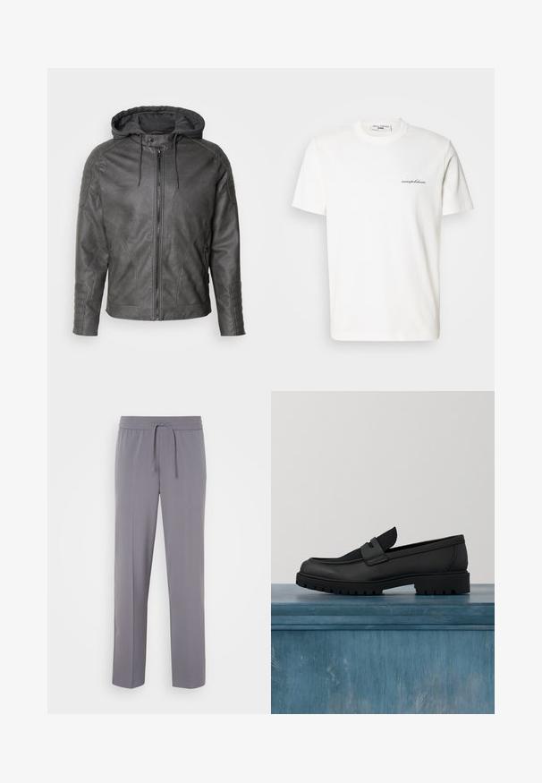 Grå læderjakke med en aftagelig grå hætte, lynlås foran og ribbede detaljer på skuldre og manchetter. Glat tekstur, strømlinet design.; Hvid bomulds-T-shirt med rund halsudskæring og korte ærmer. Har en lille sort logo-tekst på venstre side af brystet.; Grå, strækbare bukser med flad front, elastisk linning og snor, med lige ben og en glat tekstur.; Sort lædersko uden snørebånd med en tekstureret stofdetalje, en robust gummisål og en glat finish. Har diskrete syningsdetaljer.