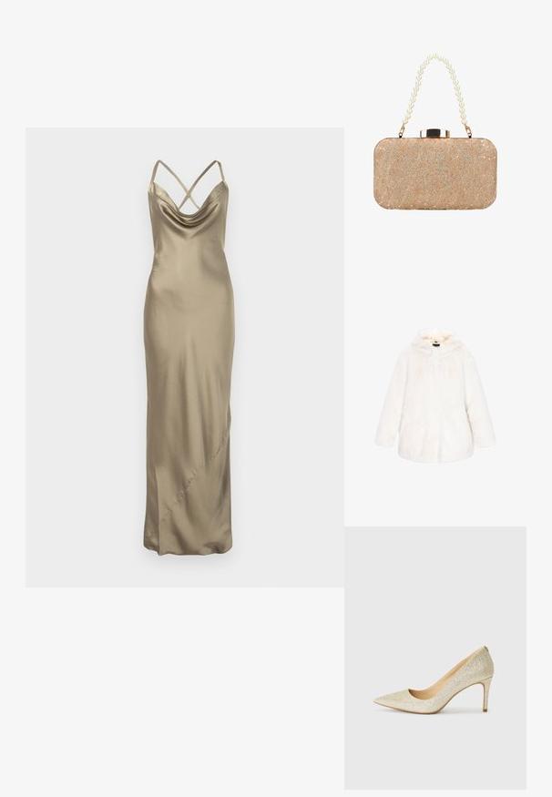 Witte nep bontjas met een capuchon, met een zachte, pluche textuur, lange mouwen en een sluiting aan de voorkant. Geen zichtbare patronen of accenten.; Champagne-kleurige satijnen slipdress met gekruiste spaghetti-bandjes en een gedrapeerde halslijn, vloerlengte met subtiele zijnaden.; Spitse pump in glinsterend goudmateriaal, met een slanke silhouet, een hak van 10 cm en een soepele binnenvoering.; Rechthoekige gouden clutch met bloemig kanten patroon, glitteraccenten en een handvat van grote witte parels.