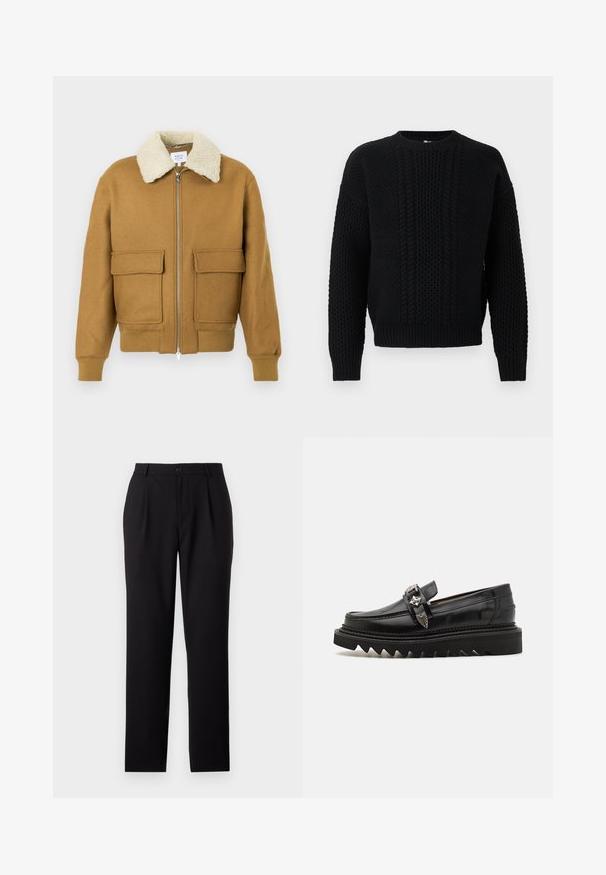Brun bomberjakke med fleece-krave, to forlommer, ribstrikkede manchetter og kant; har lynlåslukning og tekstureret stof.; Sort strikket sweater med kabel- og waffle-mønstre, rund hals, lange ærmer samt ribstrikkede manchetter og kant.; Sorte buksener med straight-leg design, lavet af glat stof. Har frontfolder og en knaplukning i taljen.; Sorte læder loafers med sølv hardware detaljer, en forhøjet zigzag sål og et slankt, afrundet design; glat tekstur og blank finish.
