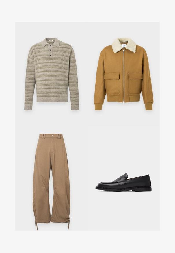 Veste aviateur marron avec col en polaire, deux poches avant, poignets et ourlet côtelés ; dotée d'une fermeture éclair et d'un tissu texturé.; Pull rayé vert clair et gris avec un col polo, quatre boutons, et des poignets et ourlet côtelés. Fabriqué en matériau tricoté texturé.; Pantalon cargo en tissu marron clair, doté de deux poches latérales, d'une coupe décontractée, d'ourlets à cordon de serrage et d'une fermeture à boutons à la taille.; Mocassin penny en cuir noir avec un petit talon, un bout arrondi et une bride décorative sur le dessus, posé sur un fond clair uni.