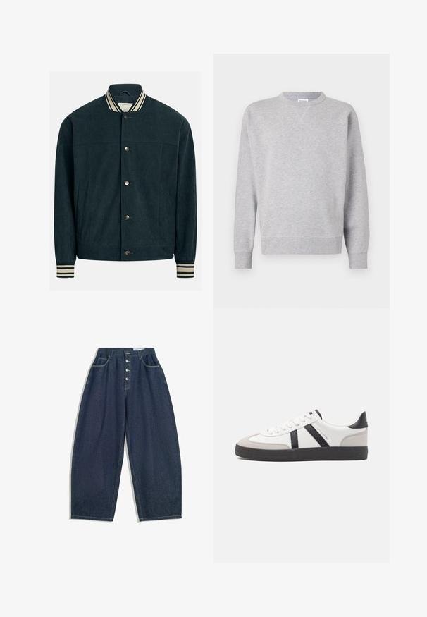 Donker tealkleurig corduroy jack met een geribbelde kraag en boorden, voorzien van twee voorzakken en knoopsluitingen in het midden.; Grijze sweatshirt van zacht materiaal, met een ronde hals, lange mouwen, geribbelde manchetten en een rechte zoom. Geen zichtbare patronen of grafische elementen.; Donkerblauwe denim brede broek met een hoge taille, vijfknopen sluiting en vijf zakken. Heeft stiksels op de naden.; Witte sneaker met zwarte en grijze accenten, voorzien van een grijze neus met textuur, zwarte rubberen zool en platte witte veters. Schoon ontwerp, minimalistische stijl.