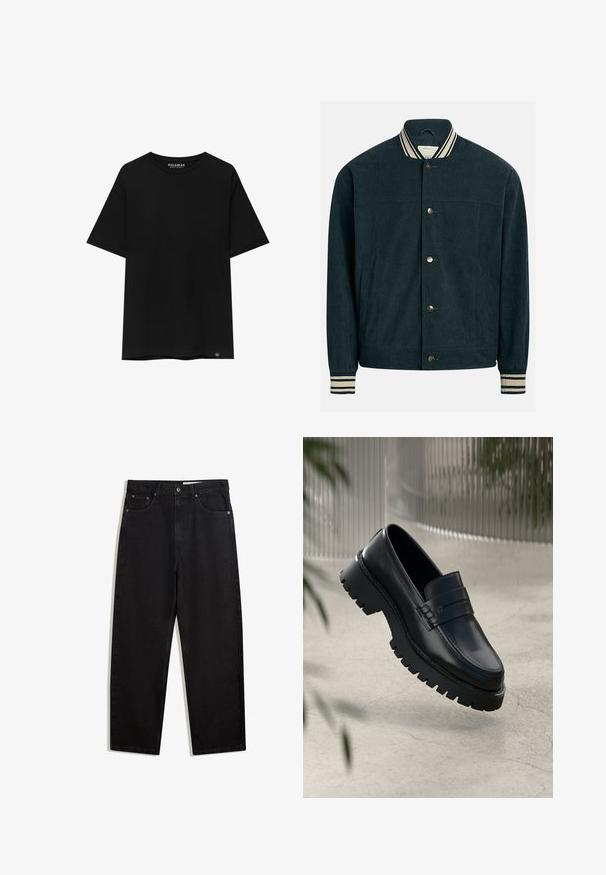 Dunkelgrüne Cordjacke mit geripptem Kragen und Bündchen, ausgestattet mit zwei vorderen Taschen und Knopfleiste in der Mitte.; Schwarzes T-Shirt mit kurzen Ärmeln aus Baumwolle, mit Rundhalsausschnitt und einem kleinen Markenetikett auf der linken unteren Seite.; Schwarze Denim-Hosen im weit geschnittenen Stil. Mit fünf Taschen, Metallknopfverschluss und Kontrastnähten. Glatte Textur, minimalistisches Design.; Schwarze Lederloafer mit einer robusten profilierten Sohle, ausgestattet mit einem dekorativen Riemen und einer Stichdetail. Glatte Textur mit einem polierten Finish.