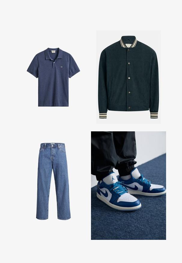 Donker tealkleurig corduroy jack met een geribbelde kraag en boorden, voorzien van twee voorzakken en knoopsluitingen in het midden.; Marineblauw poloshirt met korte mouwen, kraag, twee knoppen aan de voorzijde en een klein geborduurd logo op de linkerborst.; Lichtblauwe denimjeans met een recht model, hoge taille en minimale stiksels. De stof heeft een zachte, licht vervaagde textuur.; Nike Air Jordan sneakers hebben een witte leren basis met blauwe synthetische accenten, een geperforeerde neusdoos en blauwe veters.