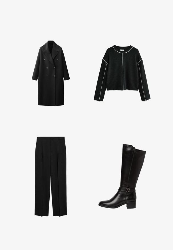 Sort uldfrakke med dobbeltradet design, store slag med hakk, to rækker knapper og trekvartlange ærmer.; Sort uldtrøje med en cropped design, ribbet kant og lange ærmer. Har hvid syning langs sømmene og halsudskæringen.; Sorte skræddersyede bukser med høj talje, plisseret design, lige benform og glat stofstruktur. Har bælteforskrifter og sidelommer.; Sorte læder knæhøje støvler med en rund tå, et dekorativt bånd med en cirkulær spænde og en lav blokhæl. Glat, blank overflade.