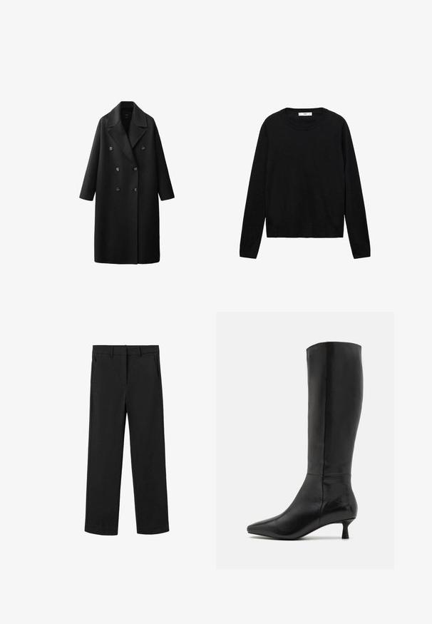 Sort uldfrakke med dobbeltradet design, store slag med hakk, to rækker knapper og trekvartlange ærmer.; Sort langærmet sweater lavet af blødt materiale med rund hals og ribbede manchetter, med et enkelt og lige snit design.; Sorte bukser med lige ben, bæltestropper, sidelommer samt lynlås og knaplukning foran, vist på en hvid baggrund.; Zign by Zalando Høje støvler/ Støvler - black