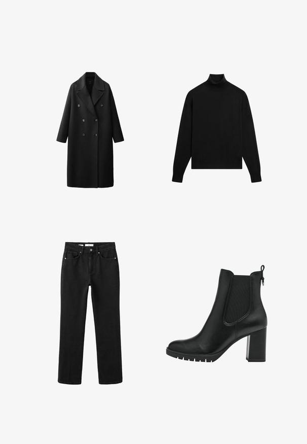 Schwarzer Wollmantel mit doppelreihigem Design, großen Reverskragen, zwei Knopfreihen und dreiviertellangen Ärmeln.; Schwarzer Langarm-Pullover mit engem Rollkragen und gerippten Bündchen auf weißem Hintergrund.; Schwarze Jeans mit geradem Bein, vorn mit Knopf und Reißverschluss, Fünf-Taschen-Design und Gürtelschlaufen.; Tamaris CHELSEA - Plateaustiefelette - black